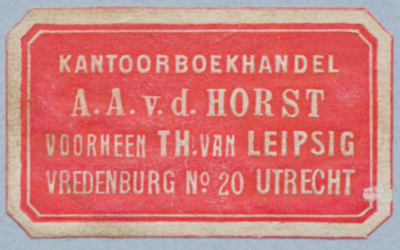 710860 Boeketiketje van A.A. van der Horst, Kantoorboekhandel, v/h Th. van Leipsig, Vredenburg No. 20 te Utrecht.N.B. ...